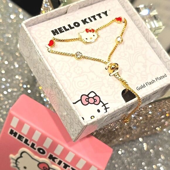 Hello Kitty By Sanrio Flash Yellow Gold Plated Station Heart & Crystal Bracelet - Picture 9 of 10